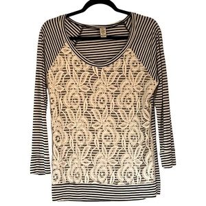 AMERICAN Rag Womens Long Sleeve Knit Top Size XL Black Cream Stripes Lace Front